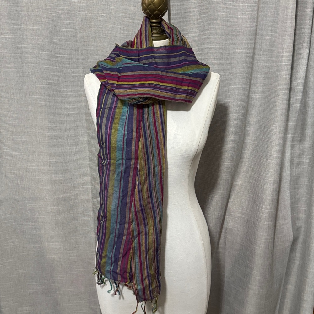 Striped Fringed Scarf-Bright Multi Color-Cotton Poly Blend-EUC - Picture 3 of 11